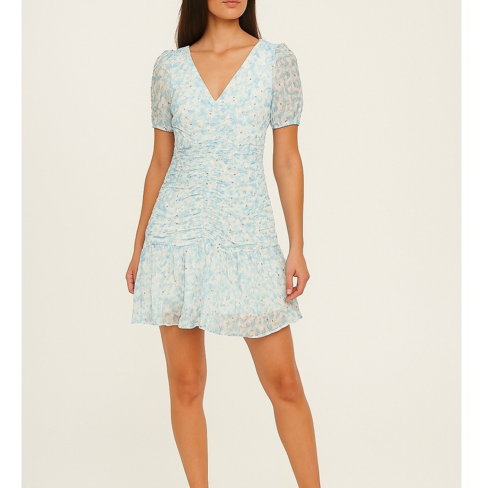 Tanya Taylor Women's Size 14‎ Blue/White Floral Pansy Ruched Silk Mini Dress